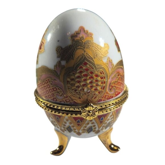 Porcelain Egg Trinket Box Gold Accents Ornate Pattern On 3 Legs easter - Picture 1 of 5